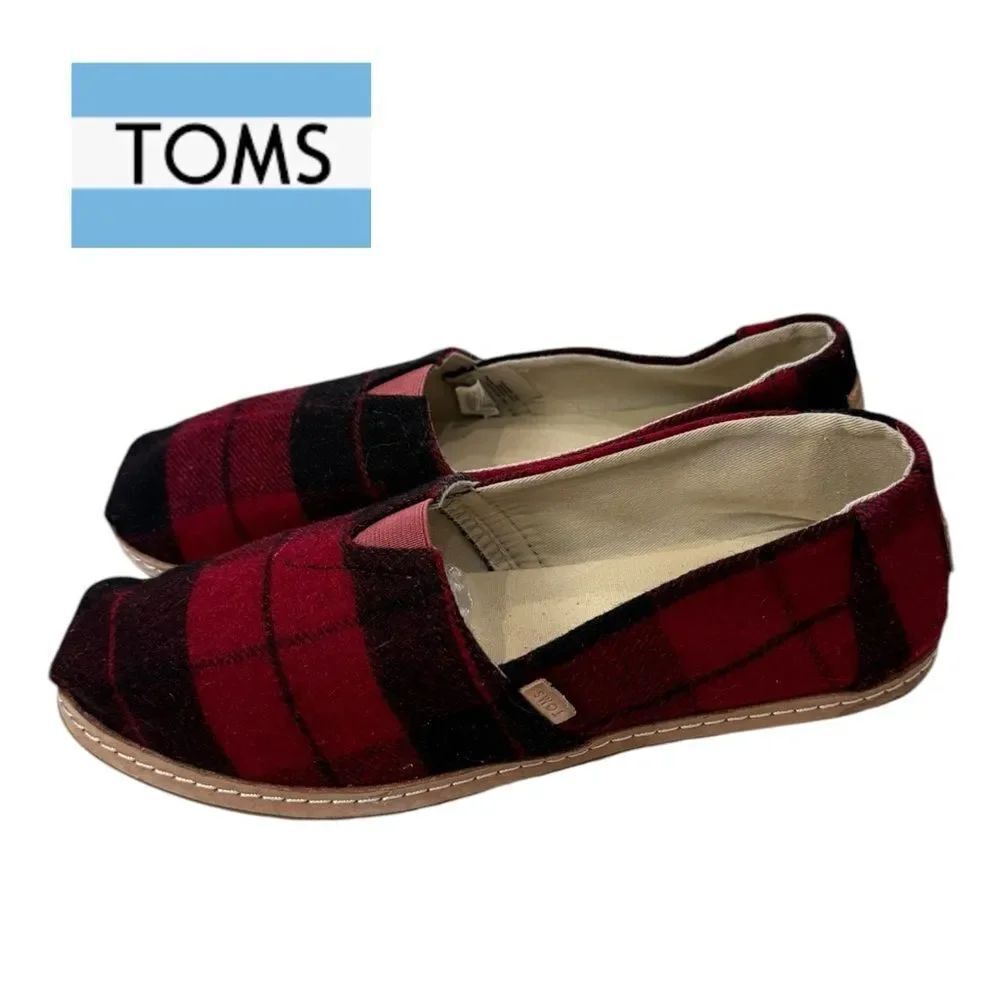 Toms Women's Red Black Buffalo Plaid Wool Slip-on Flats 9